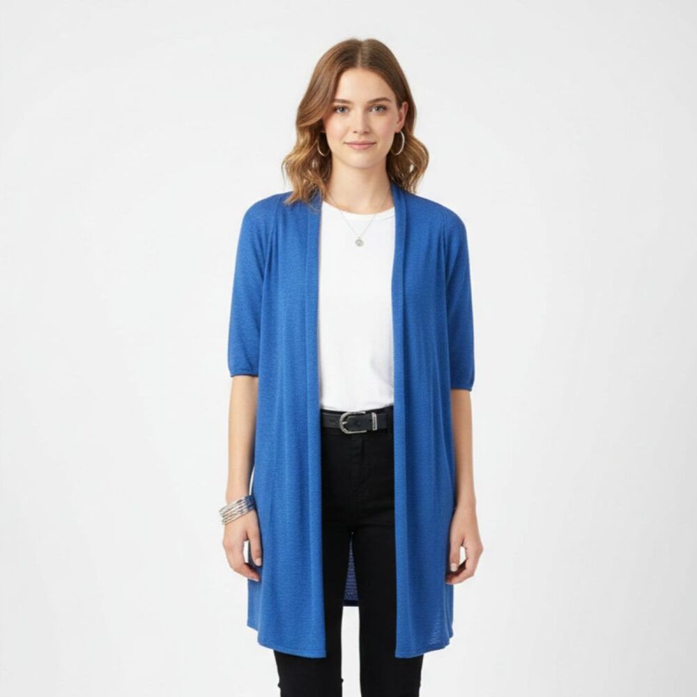 Eileen Fisher Women's Blue Knit V Neck Open Front Light Sweater 1X